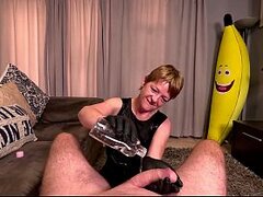Mature WHORE wearing black dress jerking my BIG COCK in LATEX GLOVES, POV CUMSHOT